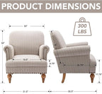 Khaki Striped Linen Fabric Accent Chair, Modern Farmhouse Upholstered Armchair - Image 2