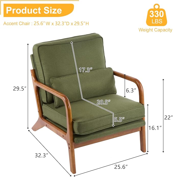 Bonnlo Dark Green Linen Mid Century Modern Accent Chair, Soild Wood Padding - Image 2