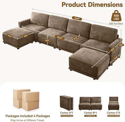 143.8" Modular U Shaped Sofa, Oversized Sectional Cloud Couch, 6 Seater Deep - Image 2