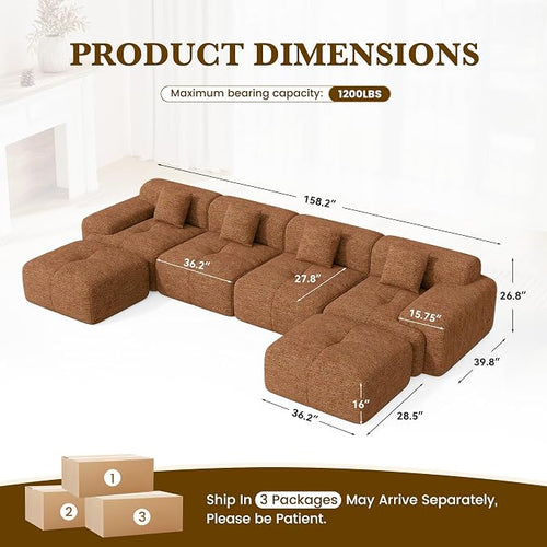 158" U Shaped Convertible Modular Couch, Cloud Couch Sectional - Image 2