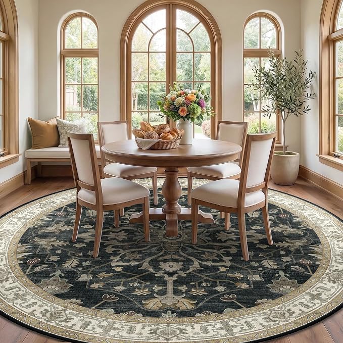 RELEANY Area Rugs Round 10ft Washable Non-Slip, Floral Vintage Distress Print - Image 3
