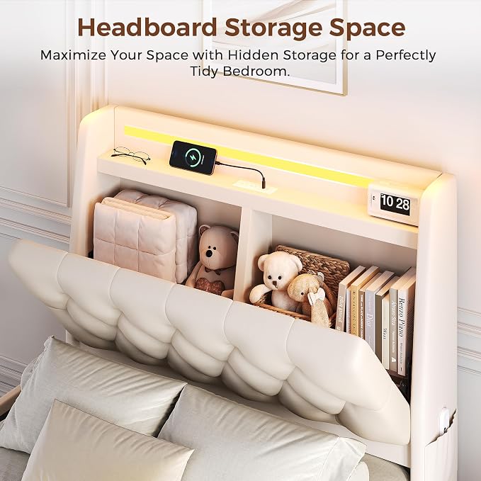 Twin LED Velvet Bed Frame with 2 Storage Drawers&Hidden Headboard, Upholstered - Image 3