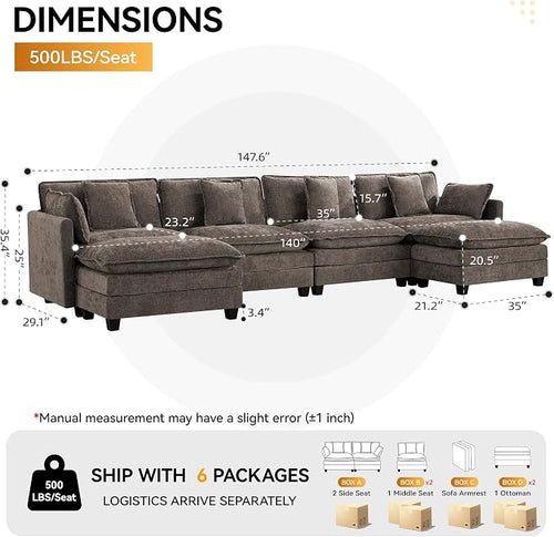 147'' Sectional Cloud Deep Seat Couch, Oversized Chenille U Shaped Sectional - Image 2