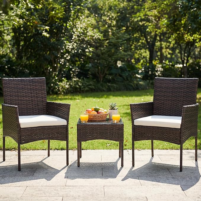 DUMOS 3 Piece Patio Furniture Set, All-Weather Outdoor Wicker Chairs - Image 2