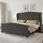 LARMACE King Size Bed Frame Velvet Upholstered Platform Bed by LARMACE