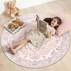 RELEANY Area Rugs Round 4ft Washable Non-Slip, Floral Vintage Distress Print by RELEANY