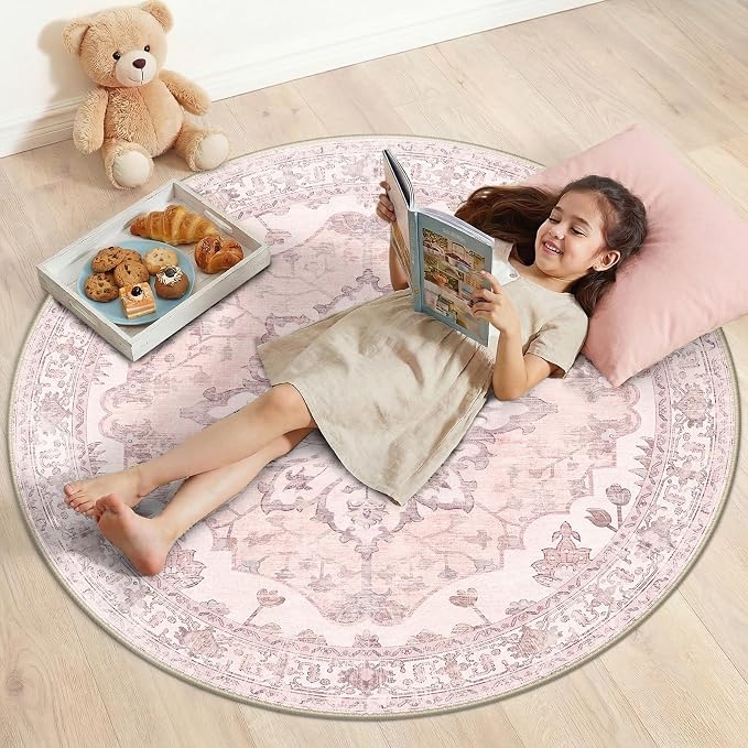RELEANY Area Rugs Round 4ft Washable Non-Slip, Floral Vintage Distress Print by RELEANY