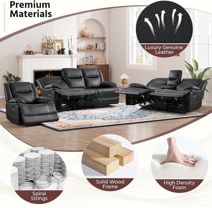 ANJ Premium Genuine Manual Reclining Sofa Set, Included Recliner Chair Set of 2 - Image 8