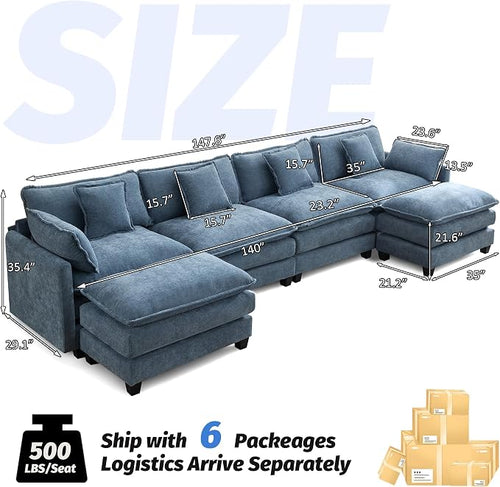 147'' Sectional Cloud Deep Seat Couch, Oversized Chenille U Shaped Sectional - Image 2