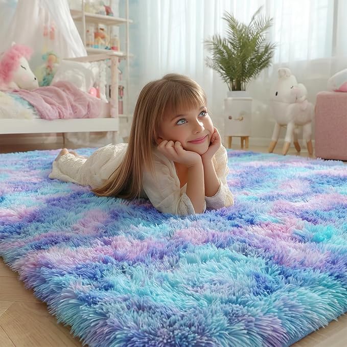 PAGISOFE Cute Furry Pastel Rug for Girls Bedroom, Soft Adorable Rainbow Purple - Image 2
