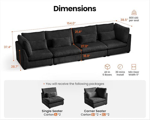 154" Oversized Corduroy Couch Modular Sectional Sofa, Washable Cloud Couch - Image 2