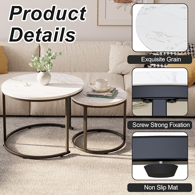 aboxoo Round Nesting Coffee Table Side Table Set of 2 End Tables - Image 6