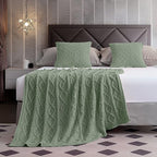 Homiest Cable Knit Throw Blanket and Pillow Set, Sage Green Set of 3, Knitted - Image 5