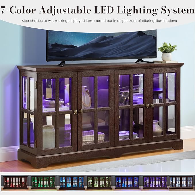 59" W LED Curio Cabinet with 7 Color Lights, Vintage Glass Display Case with - Image 3