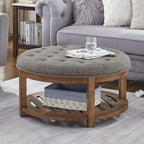 24KF Large Round Upholstered Tufted Linen Ottoman Coffee Table, Large Footrest by WEMARTHOMEDECOR