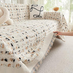 DREAMINGO Abstract Chenille Couch Cover Blanket Beige Khaki Black Boho Sofa - Image 4