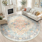 RELEANY Area Rugs Round 8ft Washable Non-Slip, Floral Vintage Distress Print by RELEANY