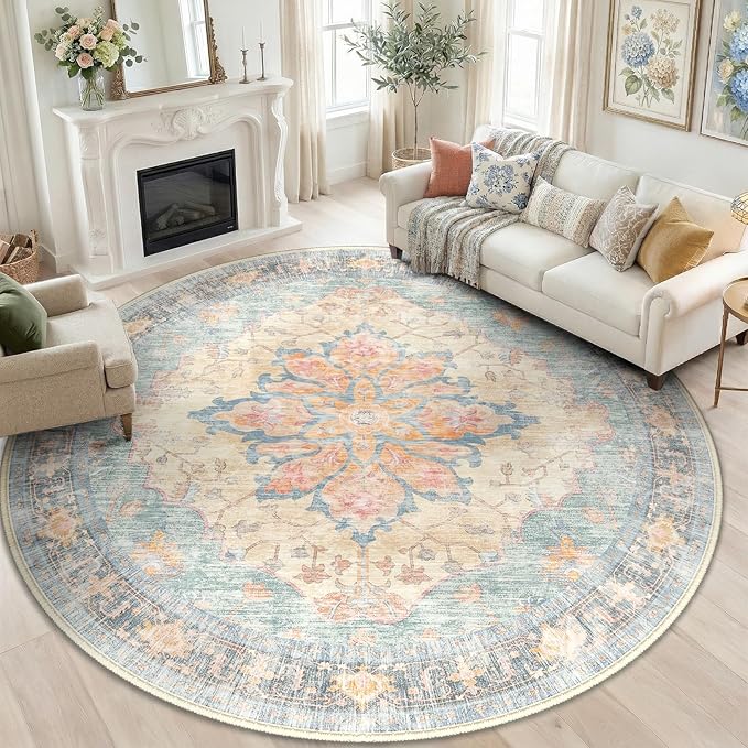 RELEANY Area Rugs Round 6ft Washable Non-Slip, Floral Vintage Distress Print by RELEANY