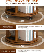 6 Tier Solid Wood Rotating Bookshelf on Wheels, 360° Spinning Book Shelf Tower - Image 5