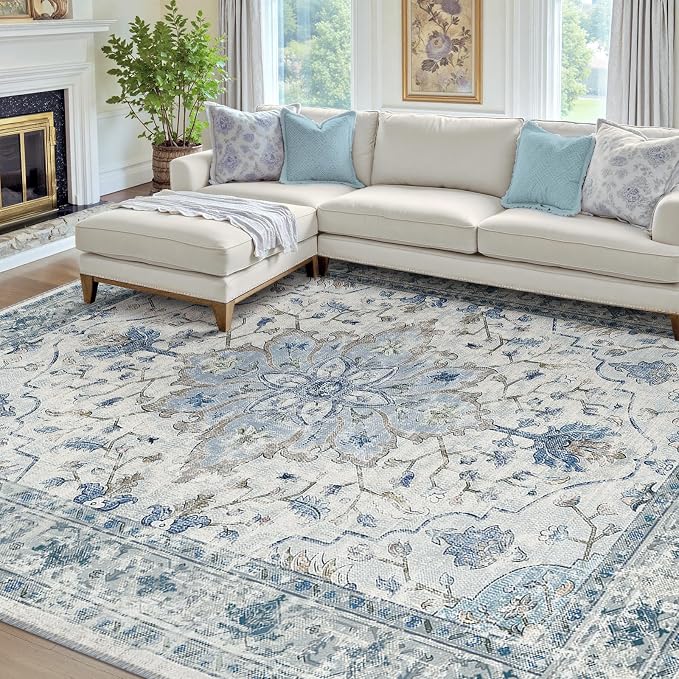 RELEANY Area Rugs 8'x10' Washable Non-Slip, Floral Vintage Distress Print - Image 2