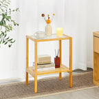 2-Tier Bamboo Side Table, Modern Glasstop Rattan Side Table, Mid Century Wood - Image 6