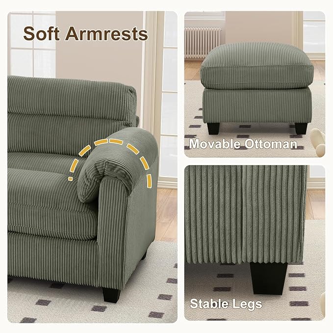 HAOMARKETS Corduroy 2-Piece Sofa Set, Upholstered Ottoman and Accent Chair Sofa - Image 4