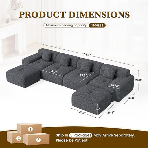 158" U Shaped Convertible Modular Couch, Cloud Couch Sectional - Image 2