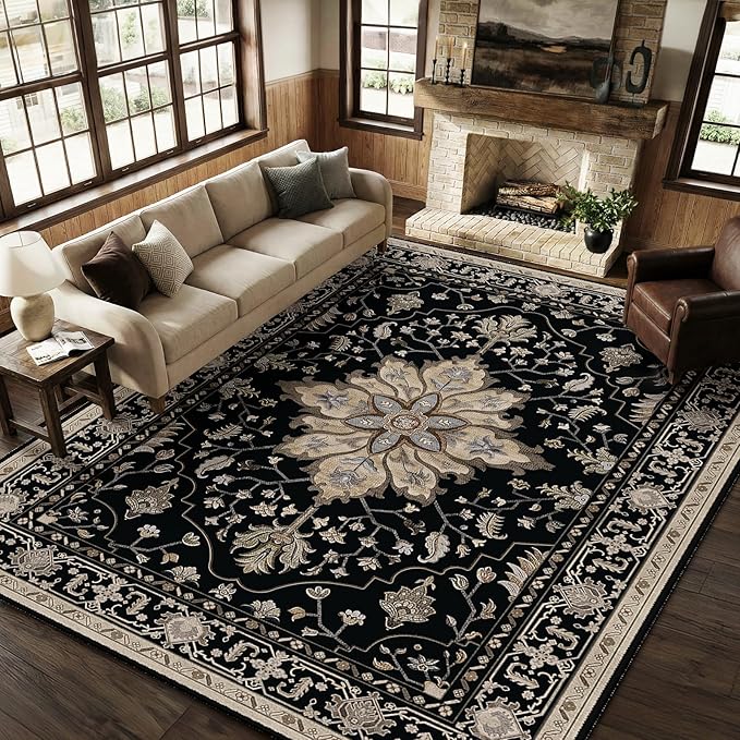 RELEANY Area Rugs 8'x10' Washable Non-Slip, Floral Vintage Distress Print by RELEANY