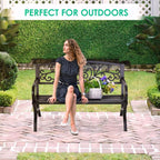 FDW Outdoor 50 Inches Garden Bench, Slatted Seat Armrests Floral Design Backres - Image 7