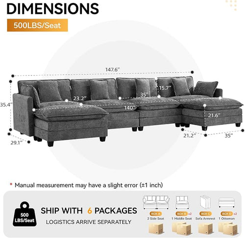 147'' Sectional Cloud Deep Seat Couch, Oversized Chenille U Shaped Sectional - Image 2