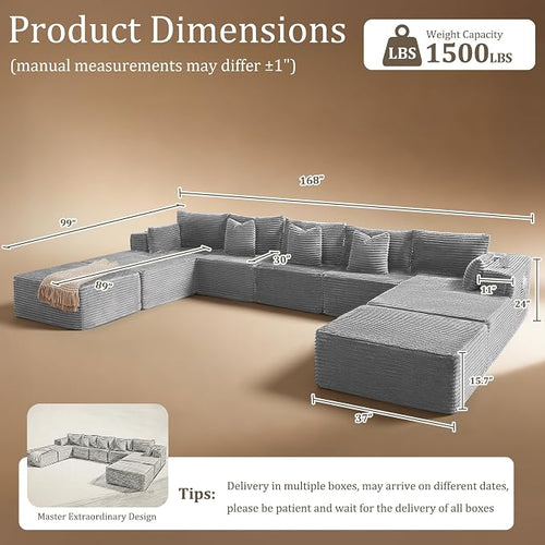 168" Cloud Sectional Couch, Comfort U Shaped Sofa - Image 2