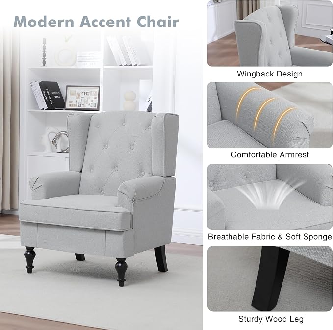 Accent Chair Set of 2, Mid Century Modern Fabric Wingback Chair, Upholstered - Image 5