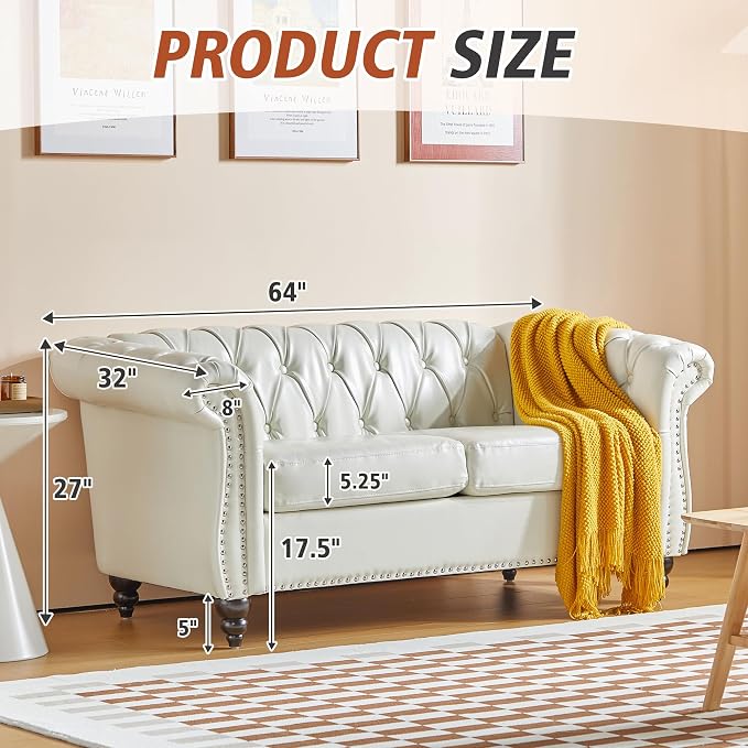 ORRD 2 Piece Living Room Set, Chesterfield Faux Leather Sofa Couch Chair - Image 3
