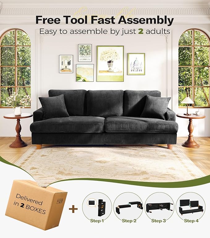 87in Corduroy Couch, Kidirect Sofa No Tool Assembly, Comfy Couches - Image 6