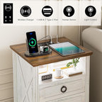 Nightstand Set 2 with Charging Station, Farmhouse End Side Table with 3 Drawers - Image 3