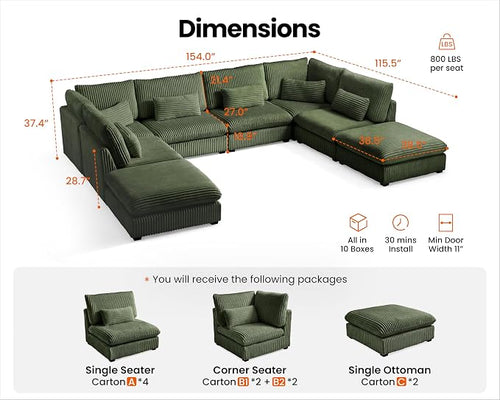 154" Oversized Corduroy Couch Modular Sectional Sofa, Washable Cloud Couch - Image 2