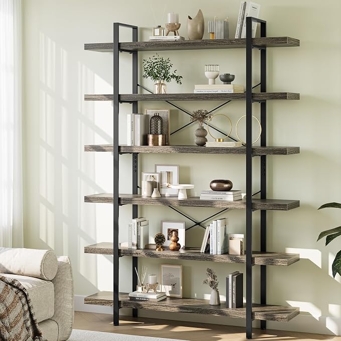 Heavy Duty 6-Tier Industrial Bookcase, 120lbs Shelf Capacity, Rustic Open by OtterOasis