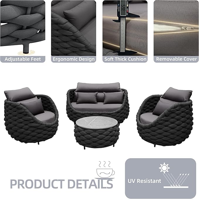 TWT Patio Furniture Set 4 Pieces Aluminum Outdoor Furniture w/27.8in Coffee - Image 5