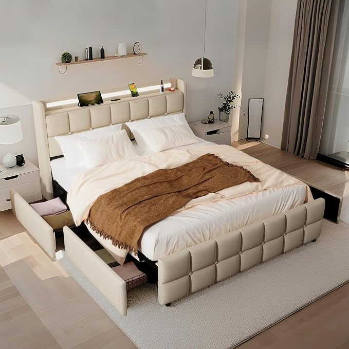 Queen Size Bed Base with Multiple Color LED Lighting, Linen Upholstered Bed - Image 3
