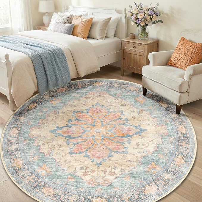 RELEANY Area Rugs Round 6ft Washable Non-Slip, Floral Vintage Distress Print - Image 3