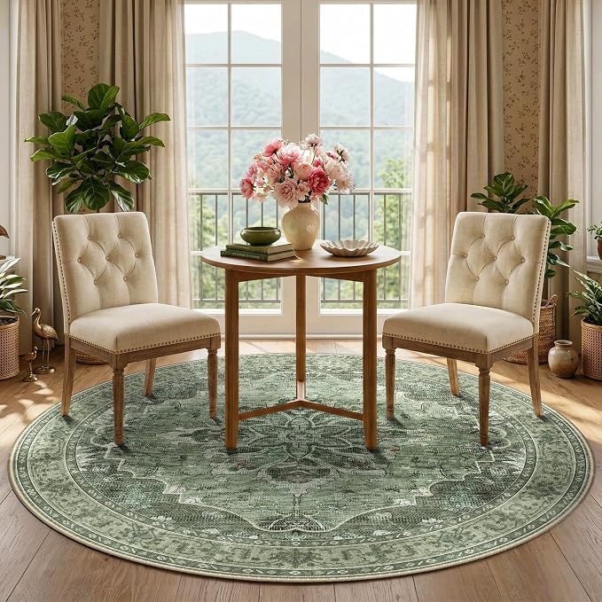 RELEANY Area Rugs Round 5ft Washable Non-Slip, Floral Vintage Distress Print - Image 2