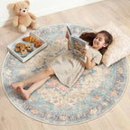 RELEANY Area Rugs Round 4ft Washable Non-Slip, Floral Vintage Distress Print by RELEANY