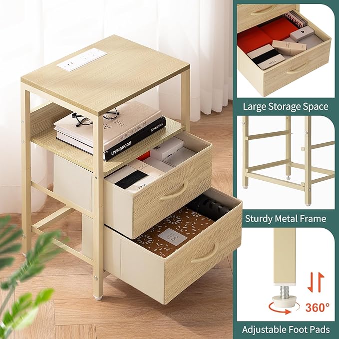 Yoobure Nightstand with Charging Station, LED Night Stand with Fabric Drawers - Image 8