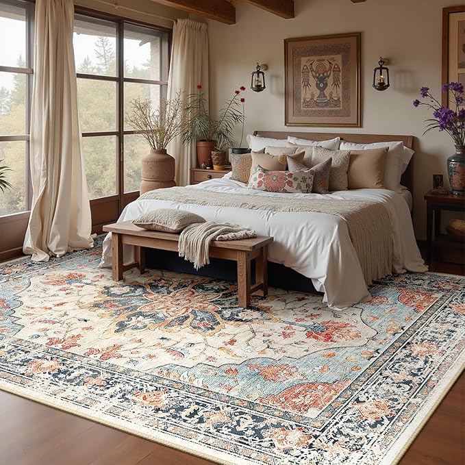 RELEANY Area Rugs 10'x12' Washable Non-Slip, Floral Vintage Distress Print - Image 2