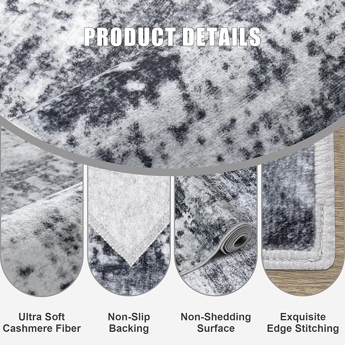 2'x6' Runner Rug Washable Rug: Modern Abstract Soft Thin Runner Rug Dark Black - Image 6