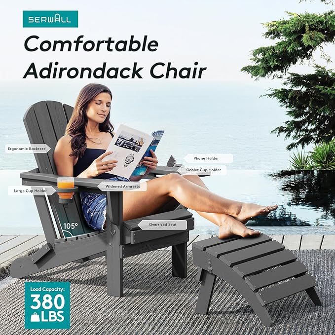 SERWALL Foldable Adirondack Chair Set of 2, HDPE Adirondack Chair - Image 6