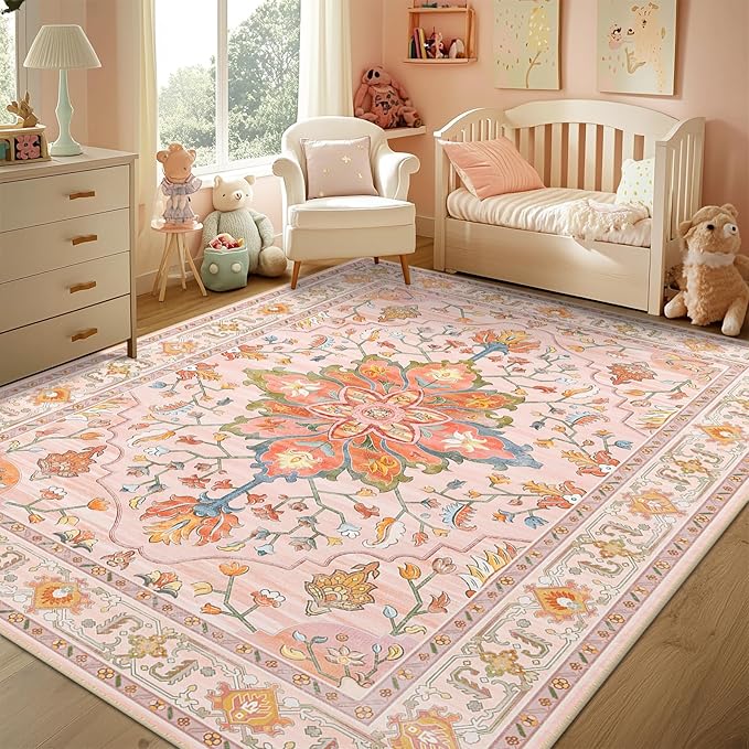 RELEANY Area Rugs 5'x7' Washable Non-Slip, Floral Vintage Distress Print by RELEANY