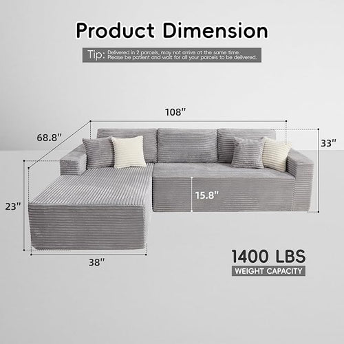 108" Boneless Couch, L-Shaped Modular Sectional Sofa - Image 2