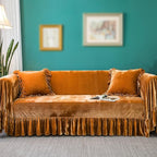 Velvet Sofa Cover Soft Decorative Luxurious Solid Exquisite Ruffle Trim by GLORYSEASON