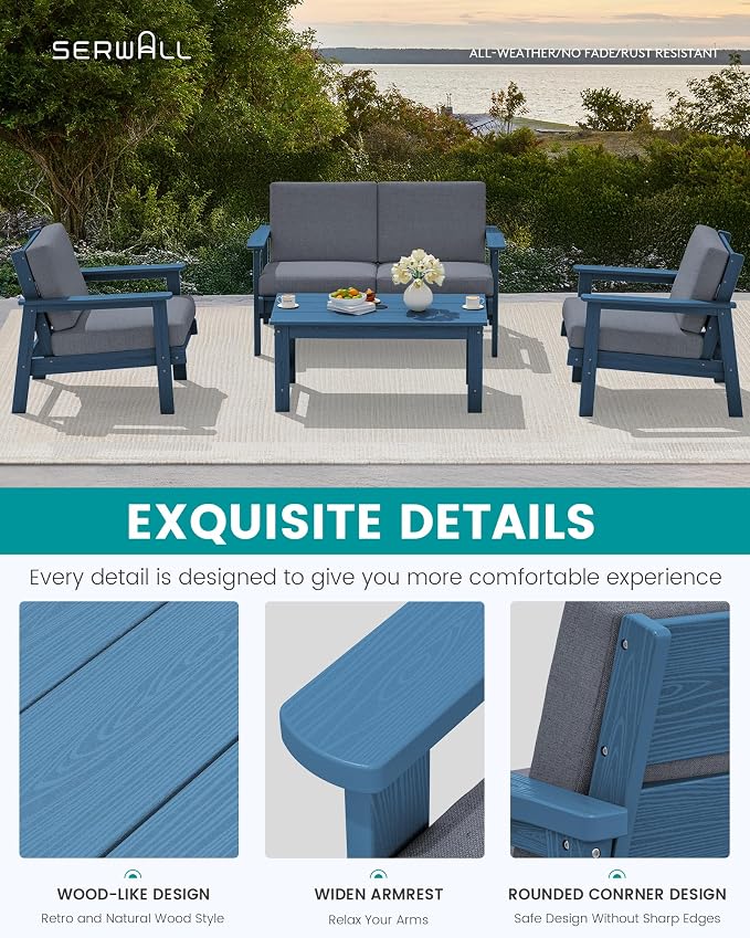 SERWALL HDPE Patio Furniture Set, 5 Piece All Weather Wood-Like Sectional - Image 4